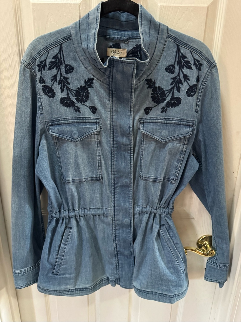 Style & Co. Light Blue Denim Jacket with Navy Floral Embroidery
